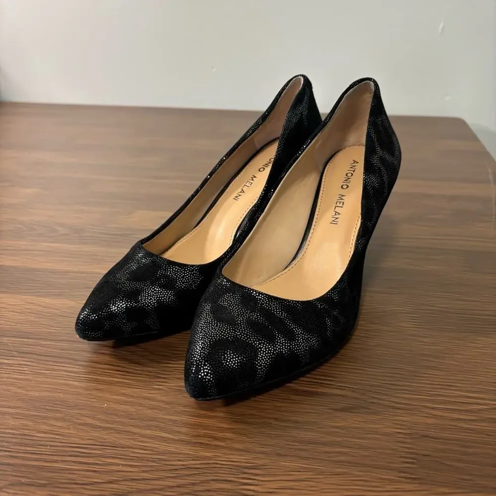 Antonio‎ Melani Black Metallic Leopard Print Pointed Toe Pumps 6M